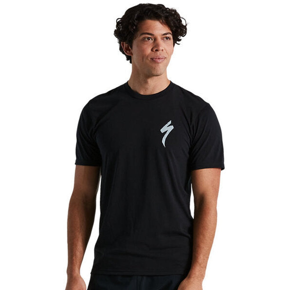 Man wearing black Specialized S-logo t-shirt with small logo on chest
