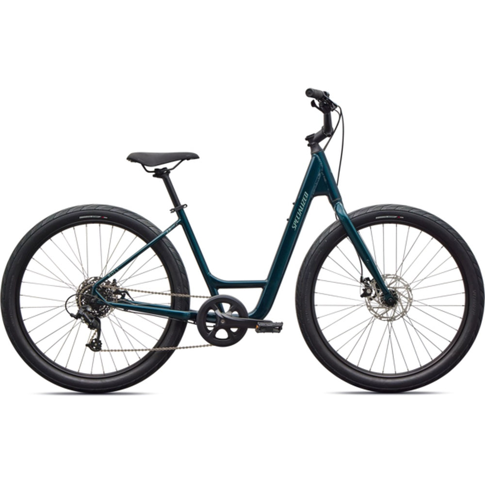 Specialized Roll 2.0 Low Entry bicycle in Gloss Emerald Metallic with disc brakes, side profile view