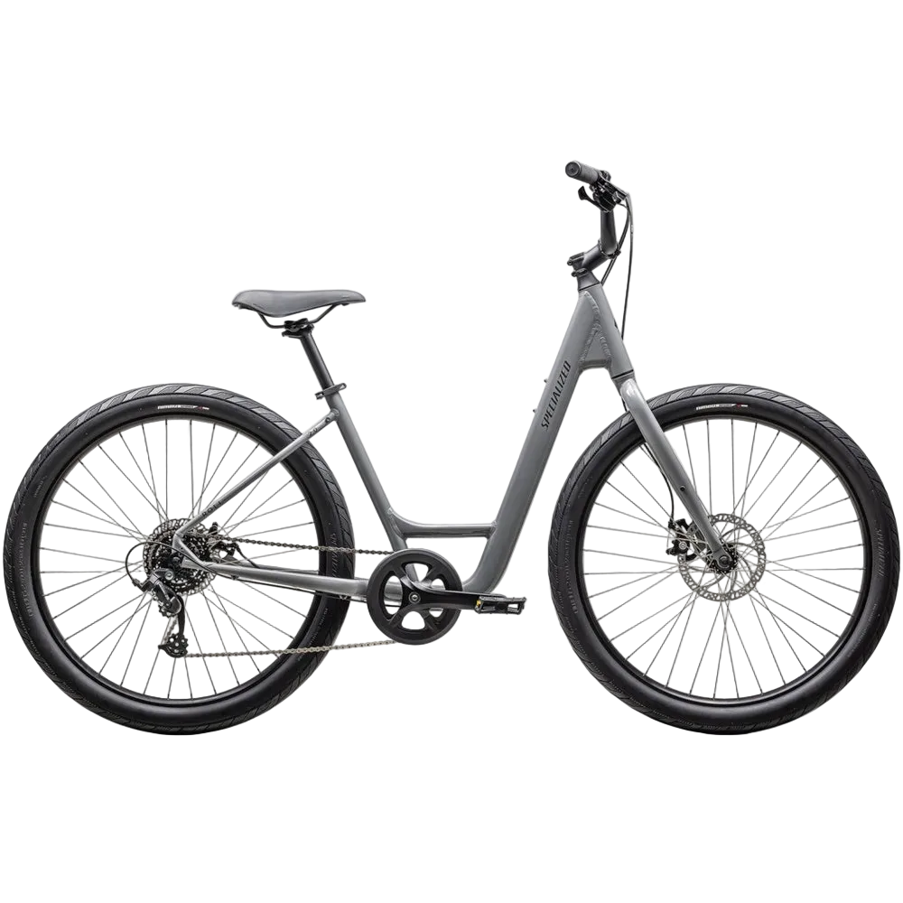 Specialized Roll 2.0 Low Entry electric bike in light gray with step-through frame