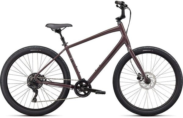 Specialized Roll 3.0 hybrid bike in burgundy with black components on white background