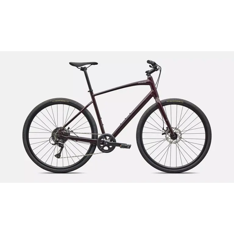 Specialized Sirrus X 1.0 hybrid bike in dark metallic burgundy finish