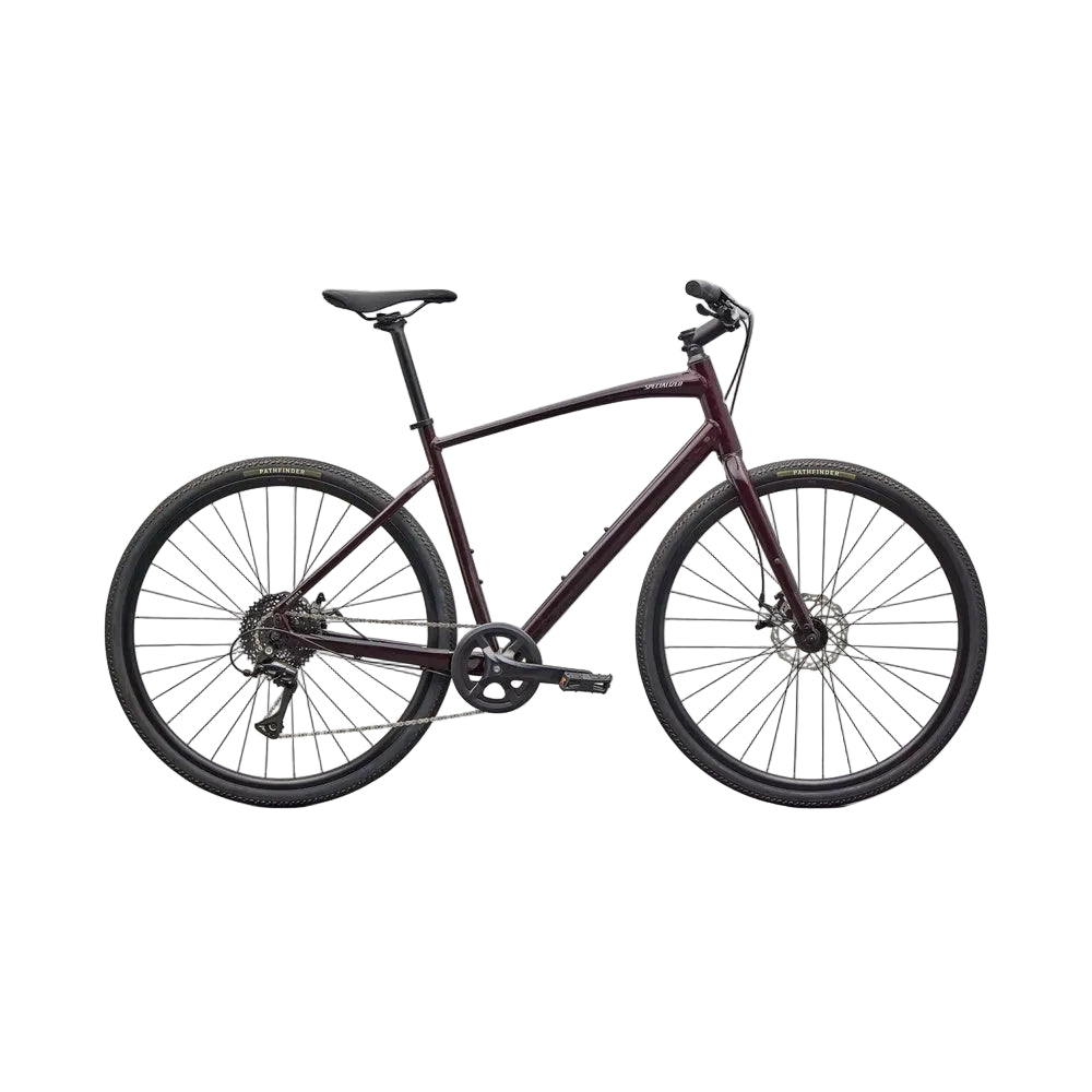 Specialized Sirrus X 1.0 hybrid bike in burgundy metallic finish with disc brakes