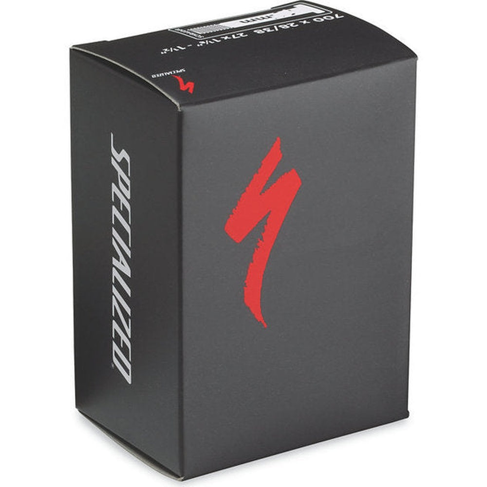 Specialized bicycle inner tube in black packaging with red S logo