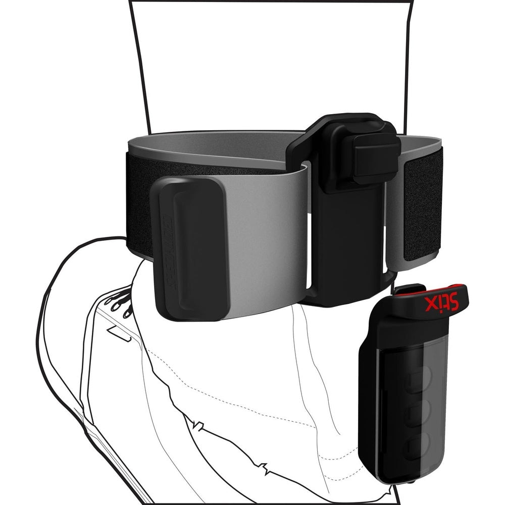 Specialized Stix black arm/leg band mount with VR headset attachment demonstration