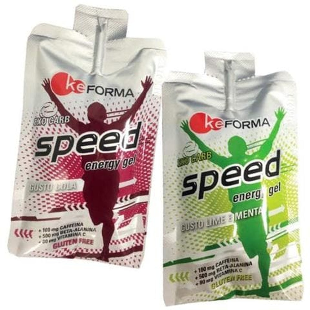 Keforma Speed Energy Gel pouches in Cola and Lime Mint flavors, gluten free