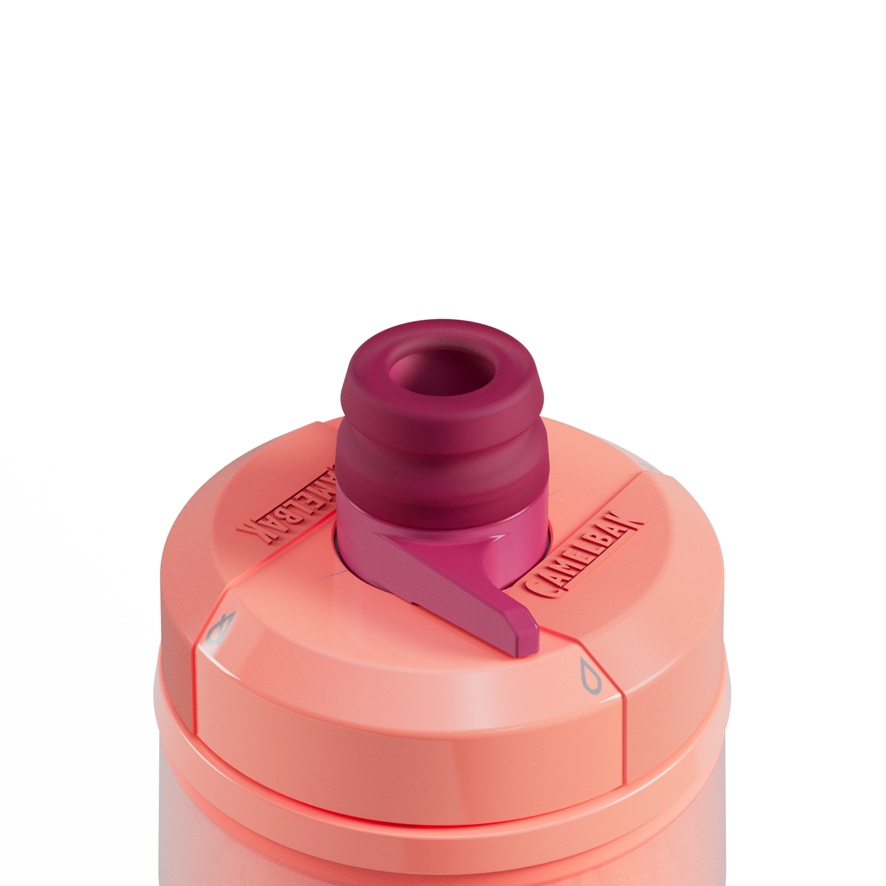 CamelBak Podium Chill water bottle cap in coral pink with burgundy mouthpiece