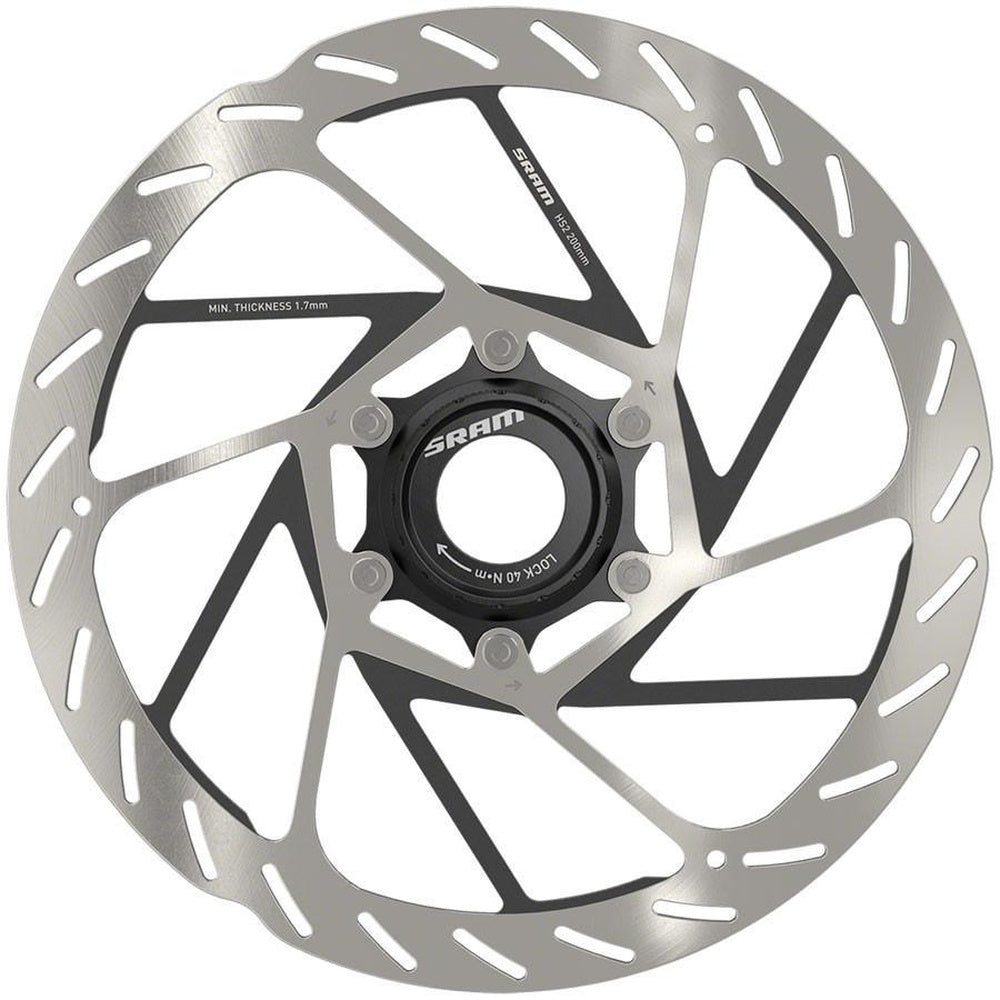 SRAM HS2 220mm Center Lock disc brake rotor with black lockring and silver finish