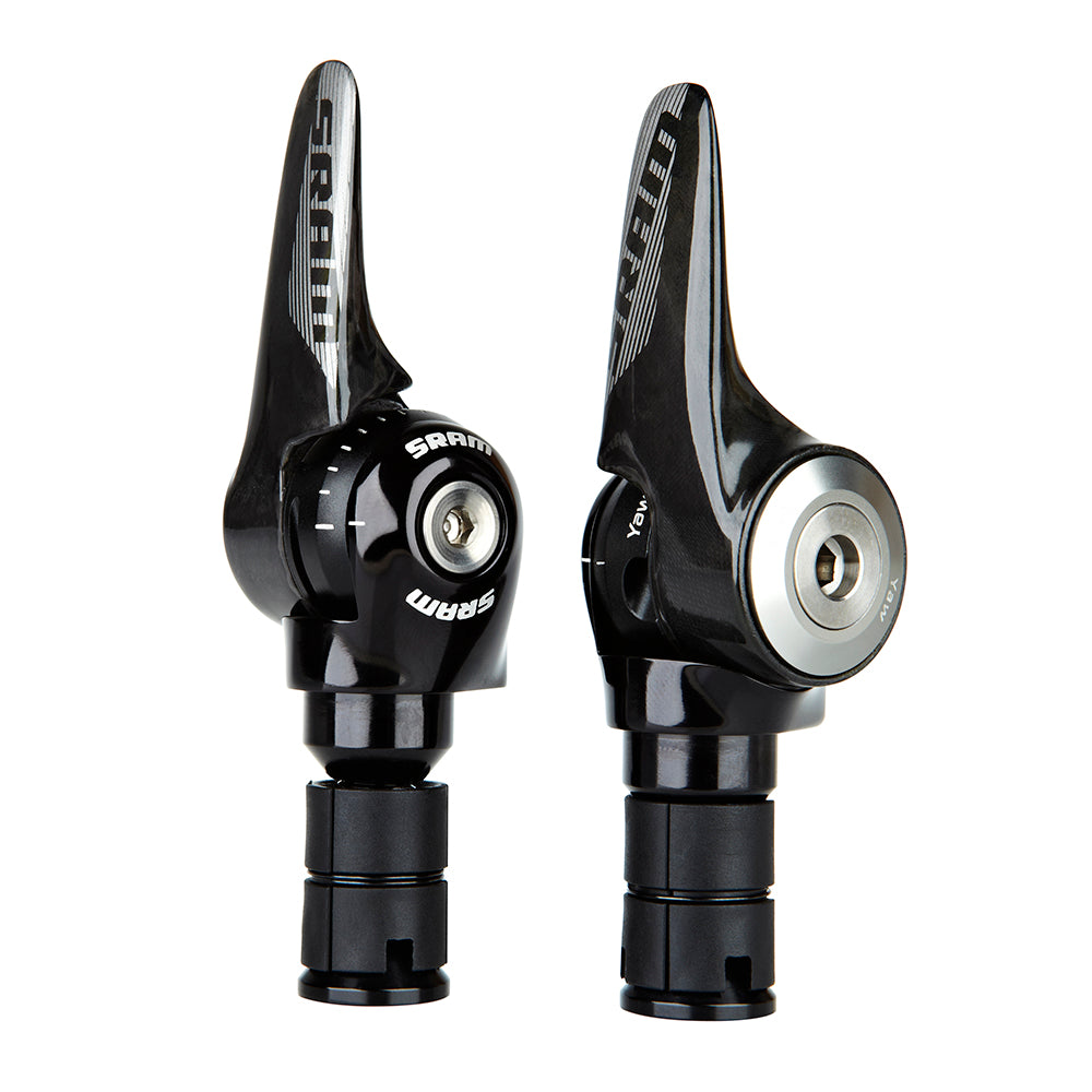 SRAM R2C TT Shifter Set in matte black with silver accents, pair shown