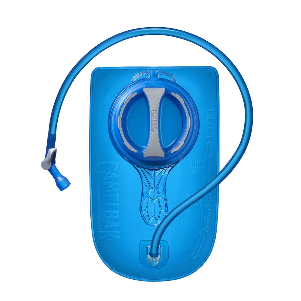CamelBak blue hydration reservoir with drinking tube and bite valve