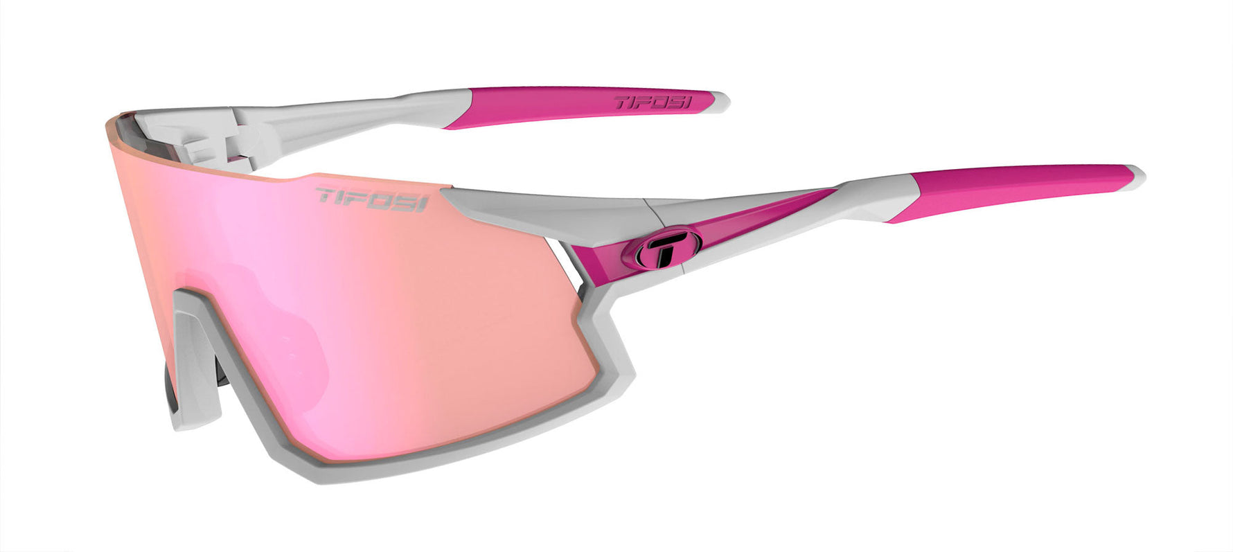 Tifosi Stash sunglasses with white frame, pink accents and pink mirrored lens