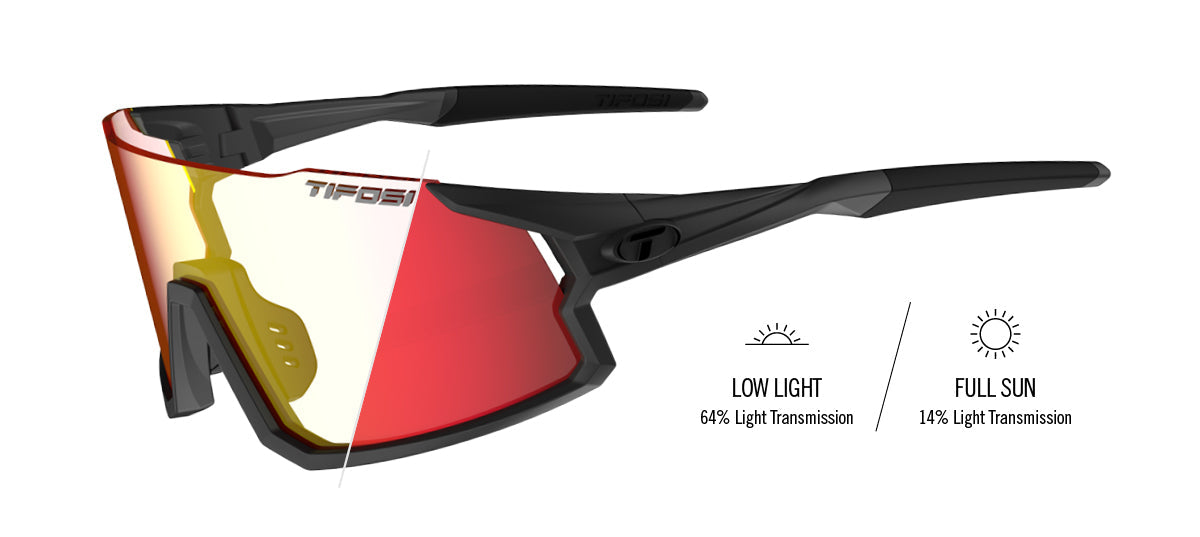 Tifosi interchangeable sunglasses with photochromic lenses showing light transmission rates