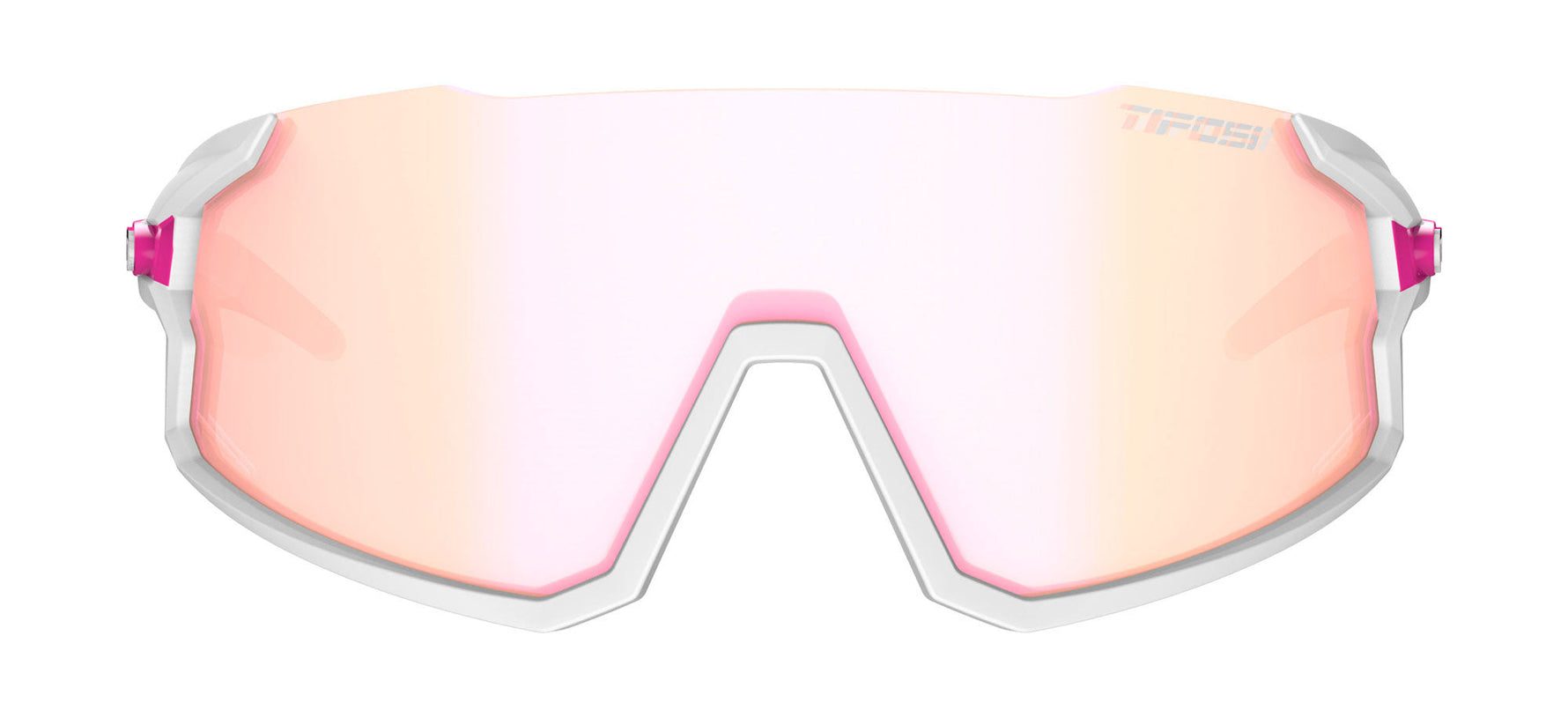 Tifosi Stash sunglasses with white frame, pink accents, and iridescent pink-orange lenses