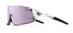 Tifosi crystal clear frame sunglasses with purple-pink tinted interchangeable lens on white background