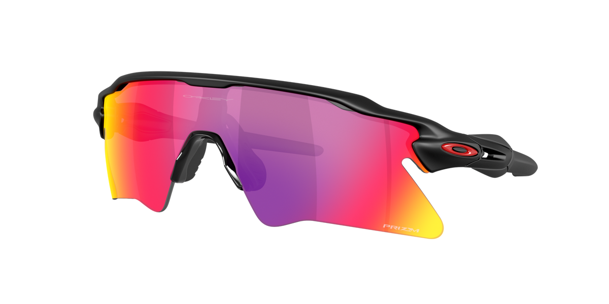 Oakley Radar EV Heater sunglasses matte black frame with Prizm Road lens, three-quarter view
