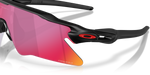 Close-up detail of Oakley Radar EV Heater hinge with Prizm Road lens and matte black frame