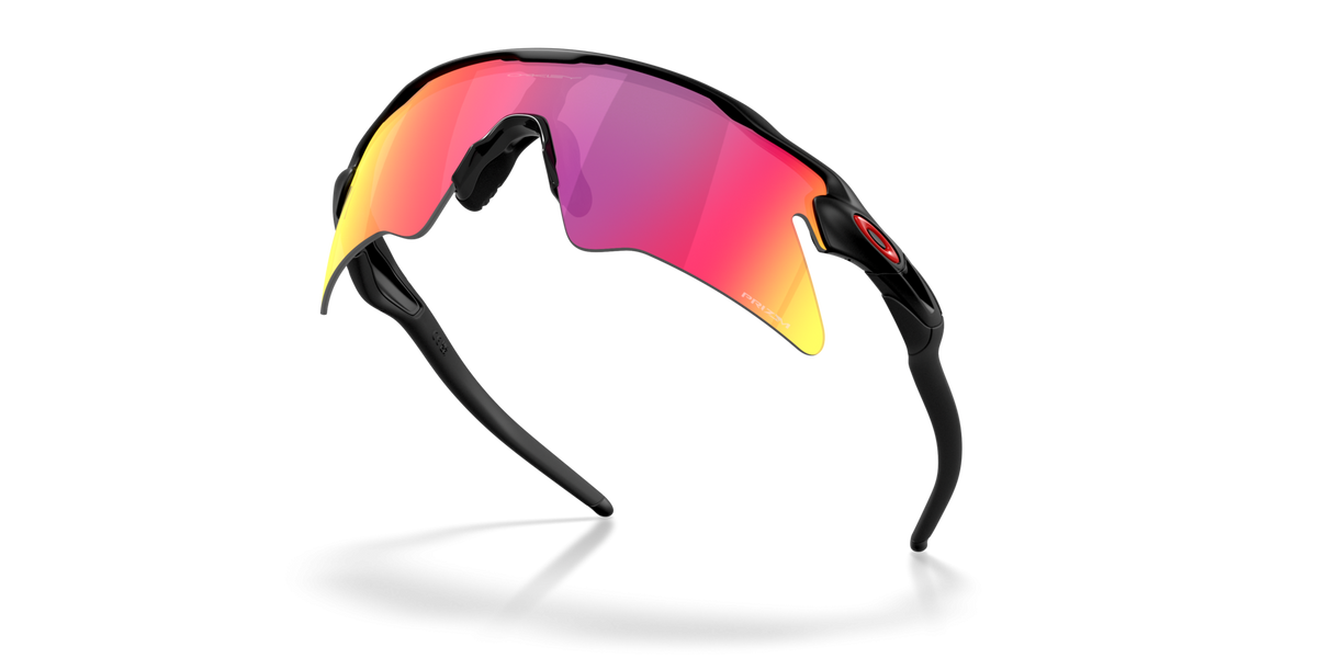 Oakley Radar EV Heater sunglasses dramatic angle showing matte black frame and Prizm Road lens