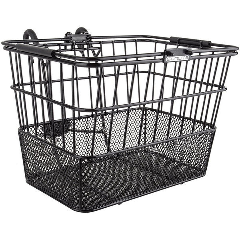Sunlite black wire mesh bicycle basket with solid mesh bottom and wire upper sides