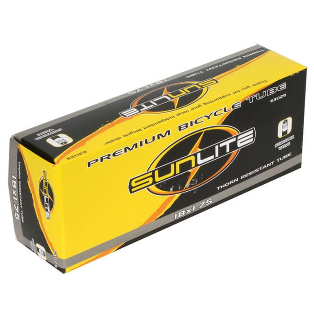 Sunlite premium bicycle tube 18x2.125 with Schrader valve in yellow packaging
