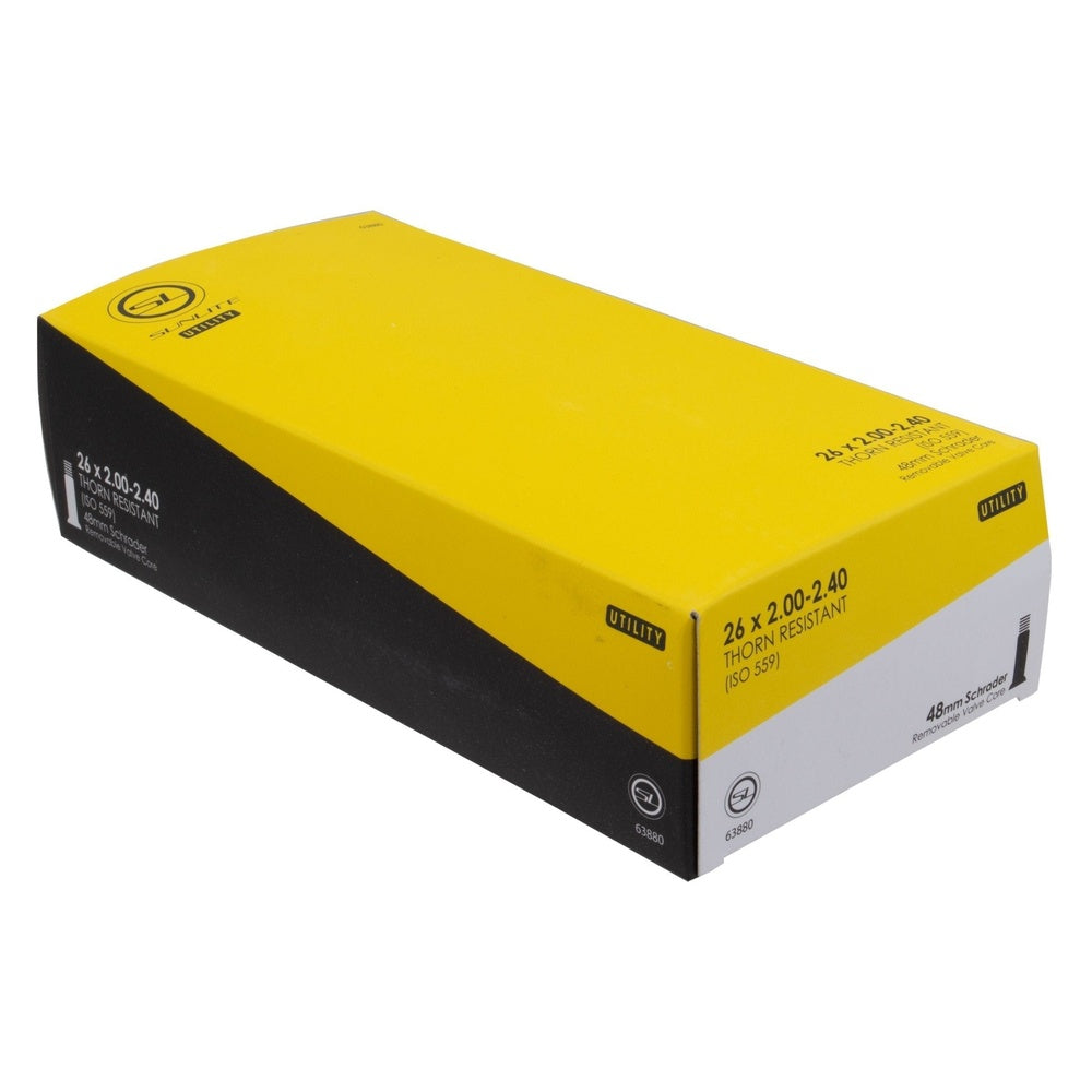 Sunlite utility thorn resistant bike tube in yellow and black retail packaging