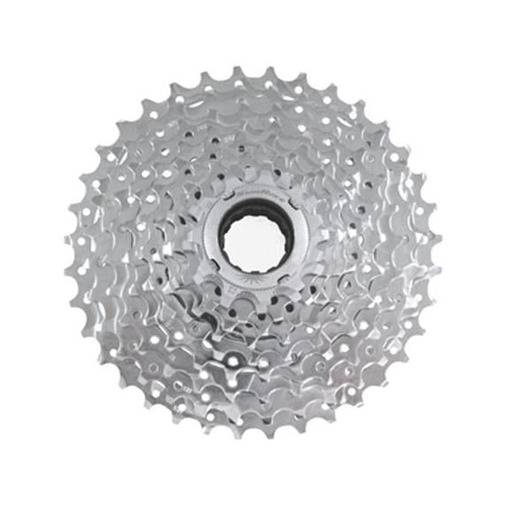 Sunrace bicycle cassette with multiple silver gears arranged in circular formation