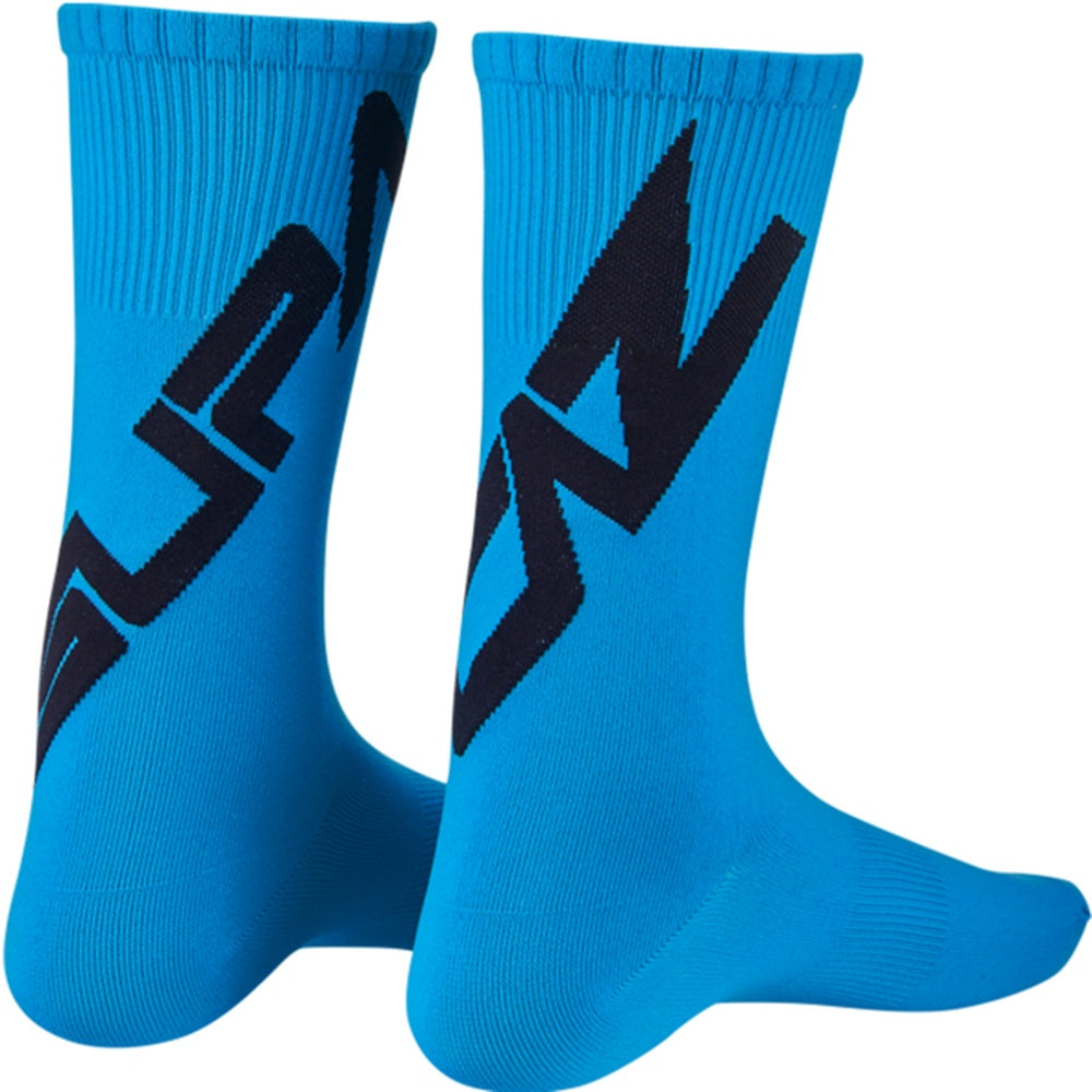 Blue cycling socks with black geometric pattern design from Supacaz