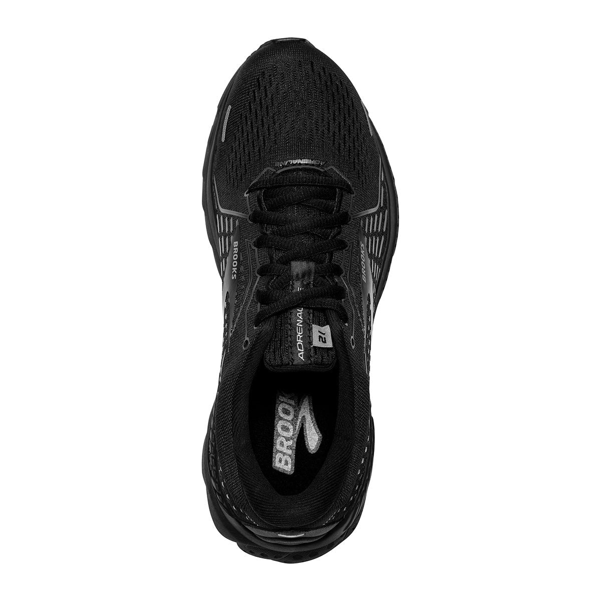 Brooks Adrenaline GTS 21 women's running shoe in black colorway, top-down view