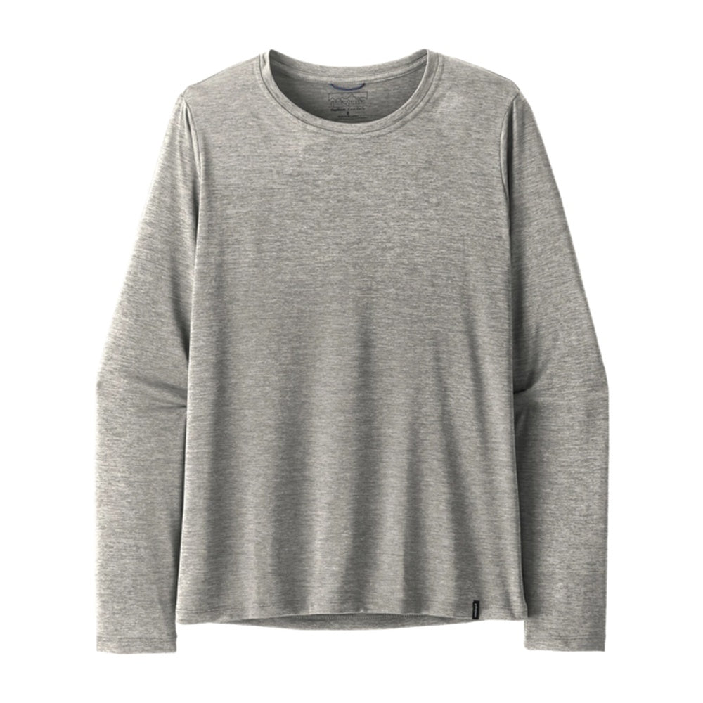 Patagonia women's long sleeve grey crew neck shirt on white background