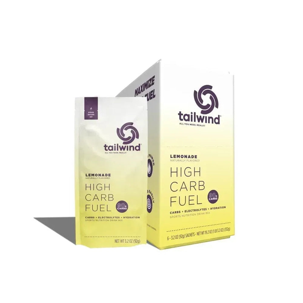 Tailwind High Carb Fuel Lemonade box of 6 sachets with single packet displayed