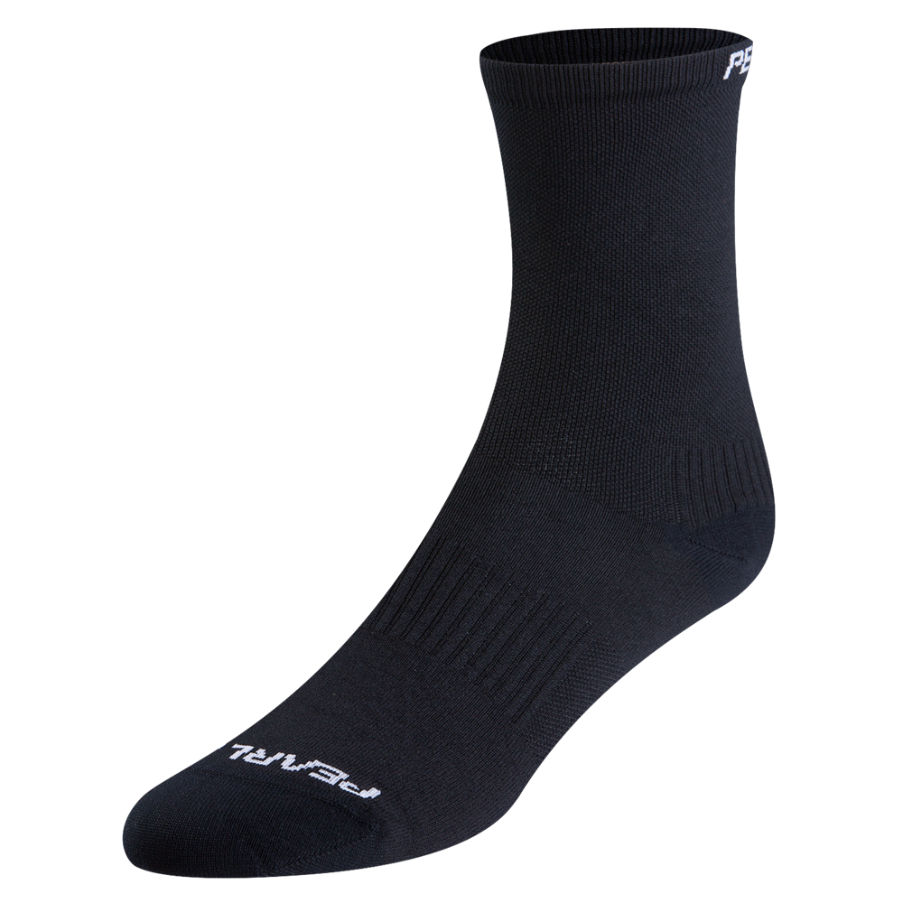 Pearl Izumi black tall cycling sock with ribbed construction on white background