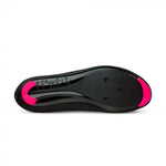 Bottom view of Fizik Tempo Overcurve R5 cycling shoes showing black sole with pink accents