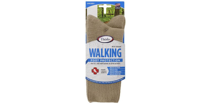Thorlos khaki crew hiking socks in retail packaging with foot protection features