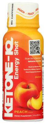 Ketone-IQ Peach Energy Shot 2 fl oz bottle angled view showing front label