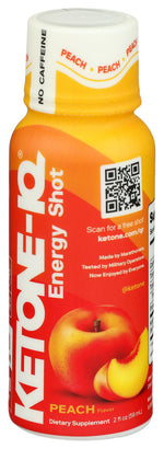 Ketone-IQ Peach Energy Shot 2 fl oz bottle front view on white background
