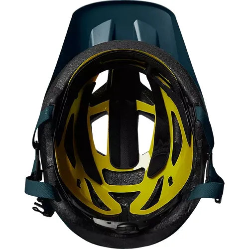 Fox Racing Mainframe Trvrs mountain bike helmet in slate blue with yellow interior padding