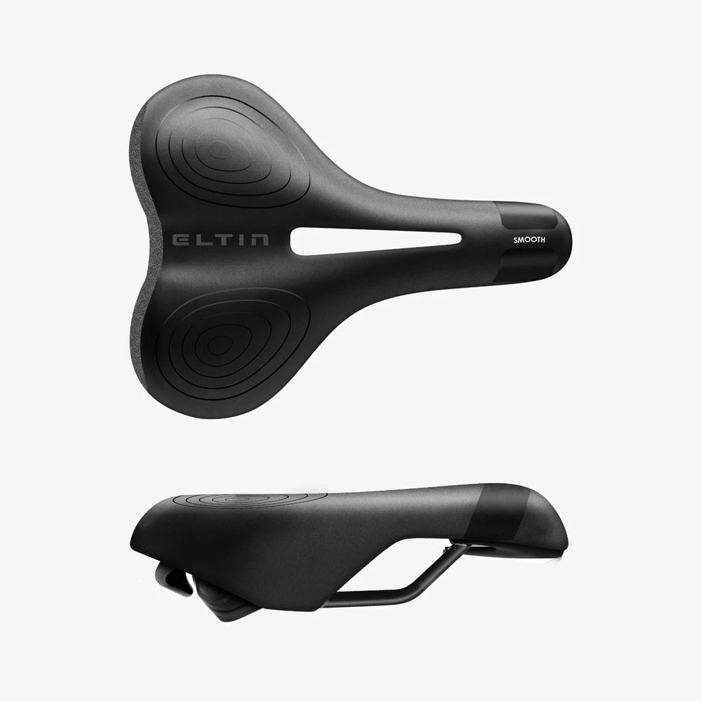 Eltin bicycle saddle in black with ergonomic design and circular grip patterns