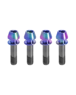 Four titanium stem bolts with rainbow anodized heads and integrated washers on white background