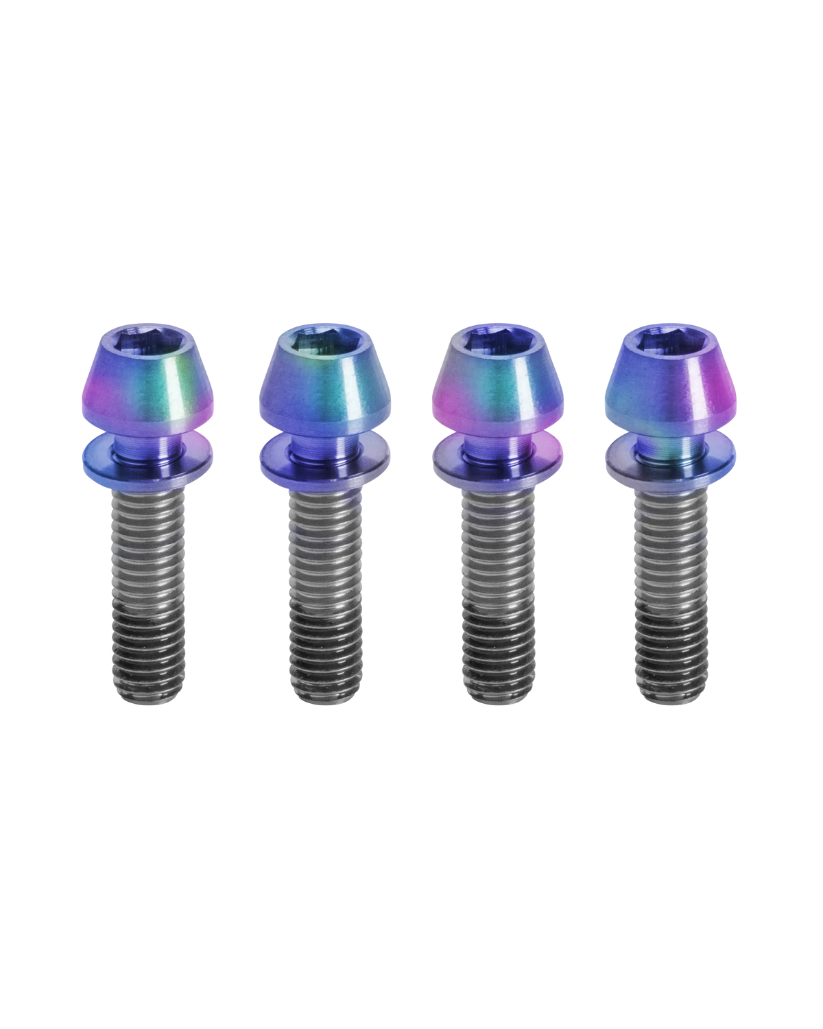 Four titanium stem bolts with rainbow anodized heads and integrated washers on white background