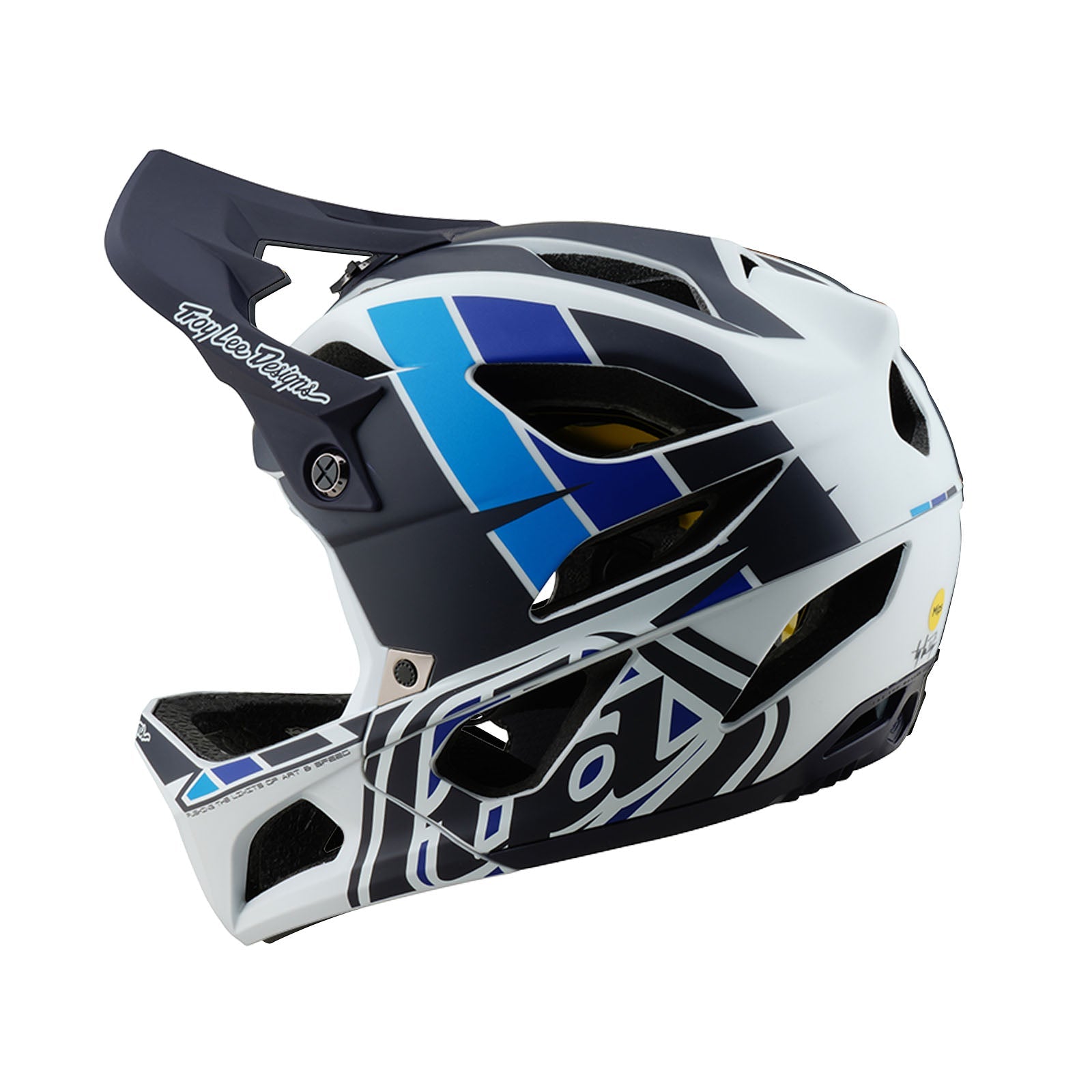 Troy Lee Designs Stage Helmet MIPS in Signature Blue colorway with white base and blue graphics