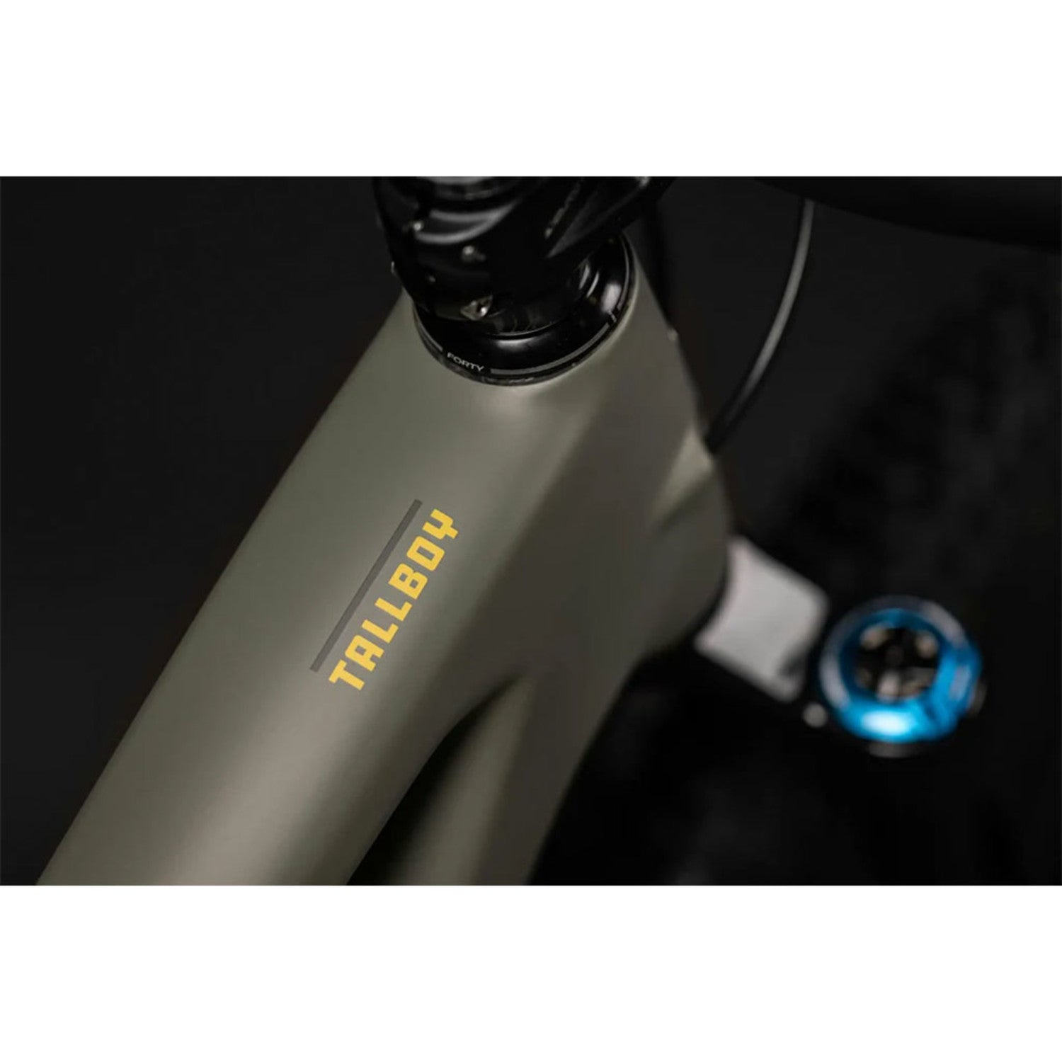 Close-up of Santa Cruz Tallboy bike frame showing yellow Tallboy branding on olive green frame
