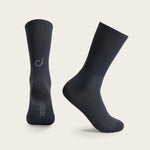 Velocio black cycling socks shown from side and front view on clean background