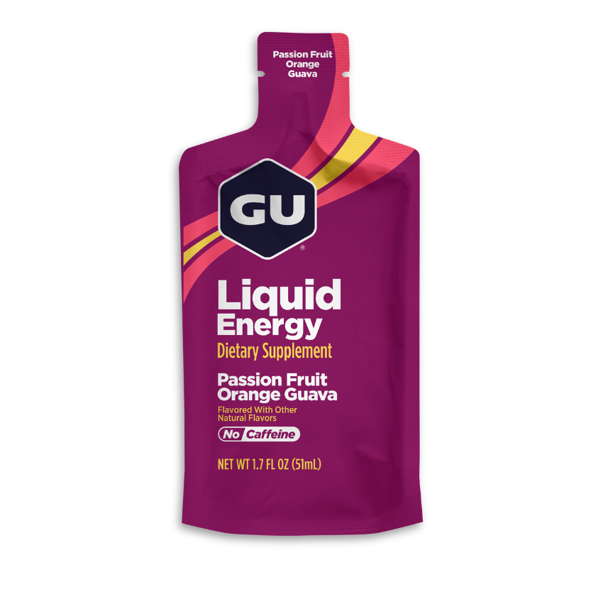 GU Liquid Energy gel packet in purple with Passion Fruit Orange Guava flavor