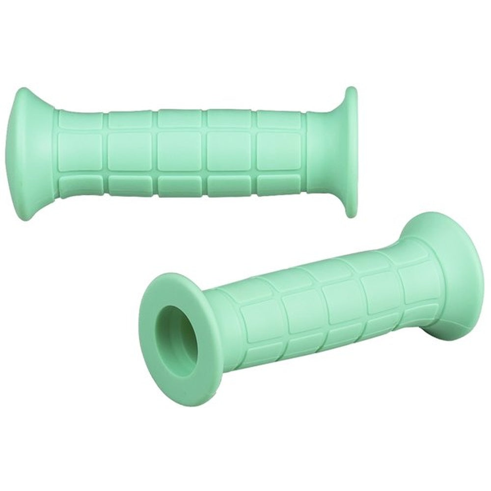 Two mint green bicycle handlebar grips with textured grid pattern on white background