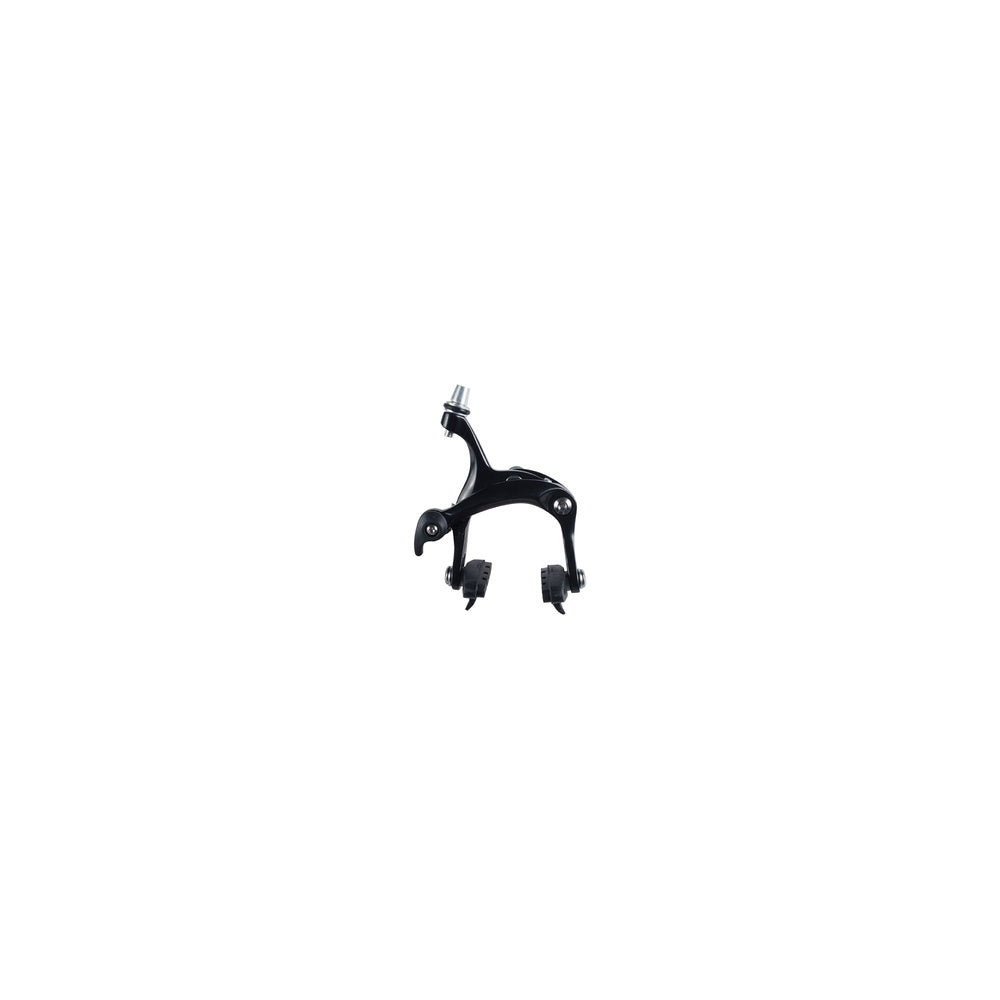 Black bicycle brake caliper with long reach design on white background