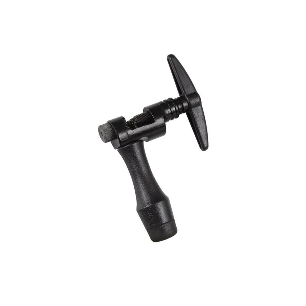 Black alloy bike chain cutter tool with T-handle design on white background