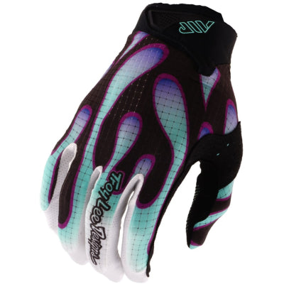 Troy Lee Designs Air glove in black with teal flame pattern and white fingertips
