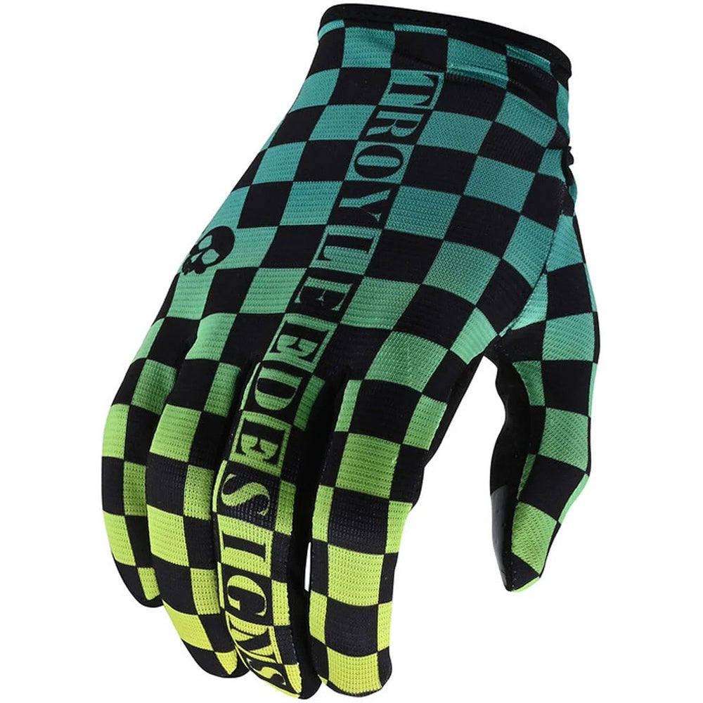 Troy Lee Designs Flowline glove in green-black checkerboard pattern with gradient fade