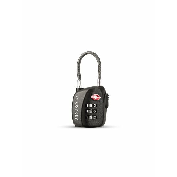 Osprey black TSA-approved combination padlock with braided cable shackle and red indicator