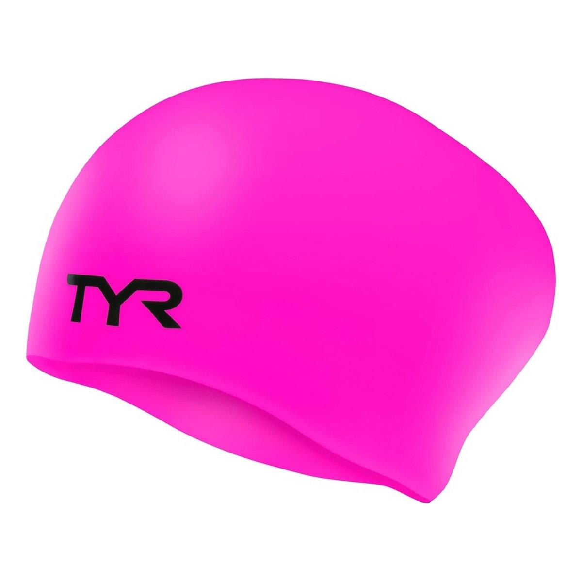 TYR Long Hair Silicone Swim Cap in Fluo Pink with black logo