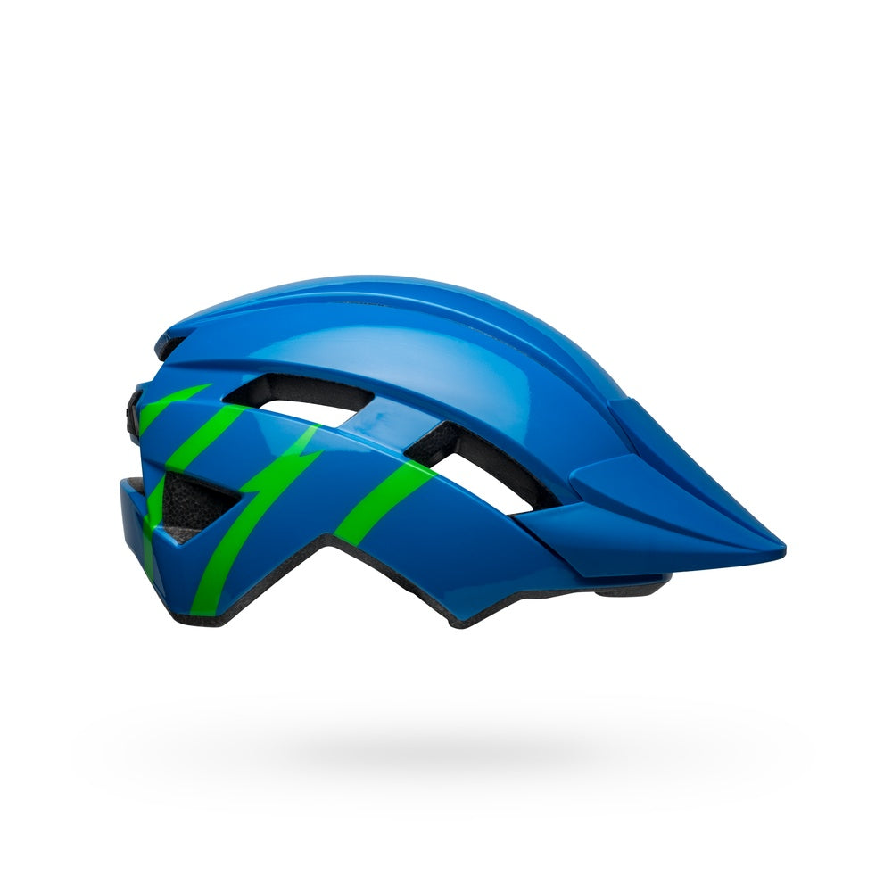 Bell Sidetrack II youth mountain bike helmet in blue with green lightning bolt graphics