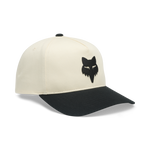 Fox Racing baseball cap with cream crown, black brim, and embroidered fox head logo